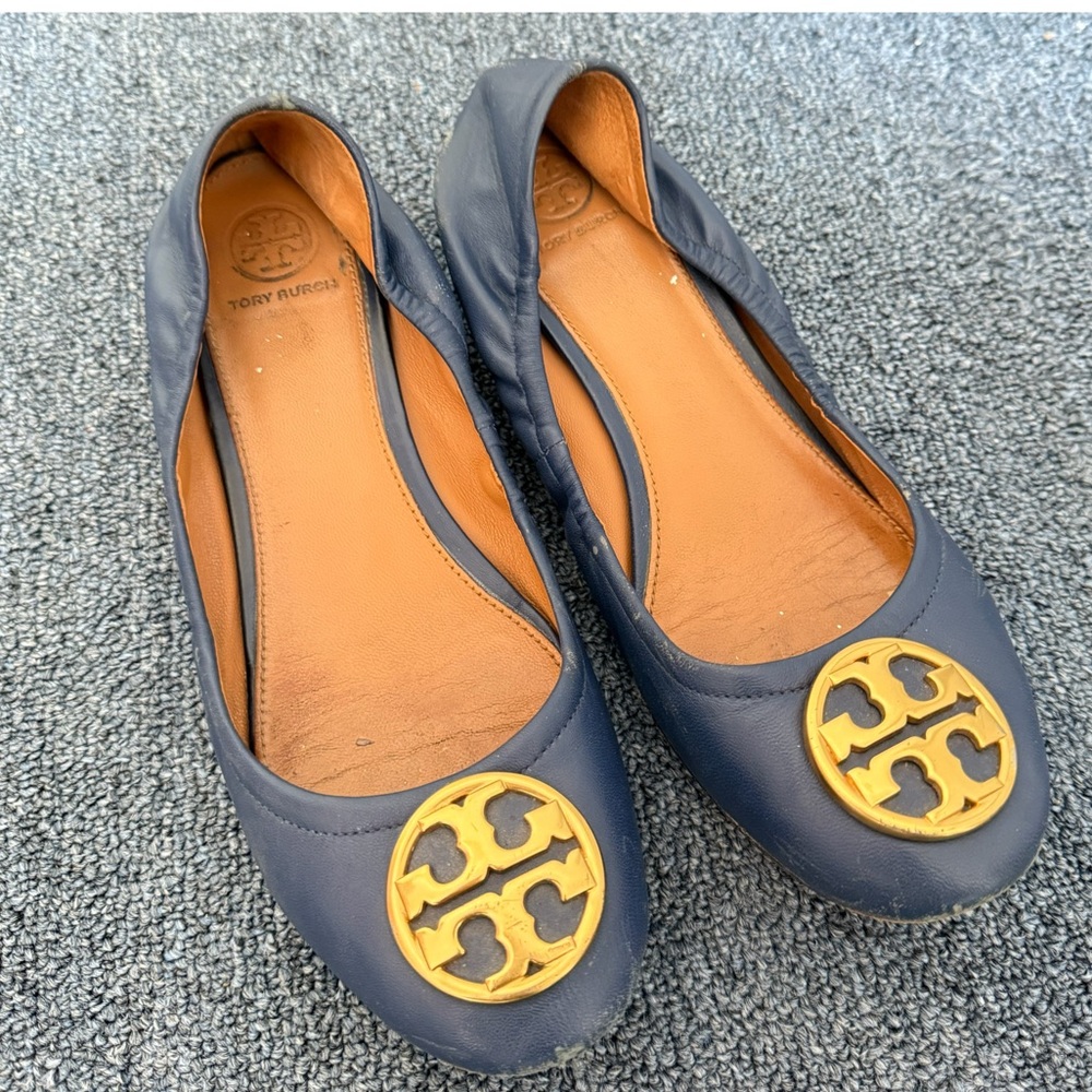 Tory Burch Navy Leather Logo Ballet Flats with Gold Emblem